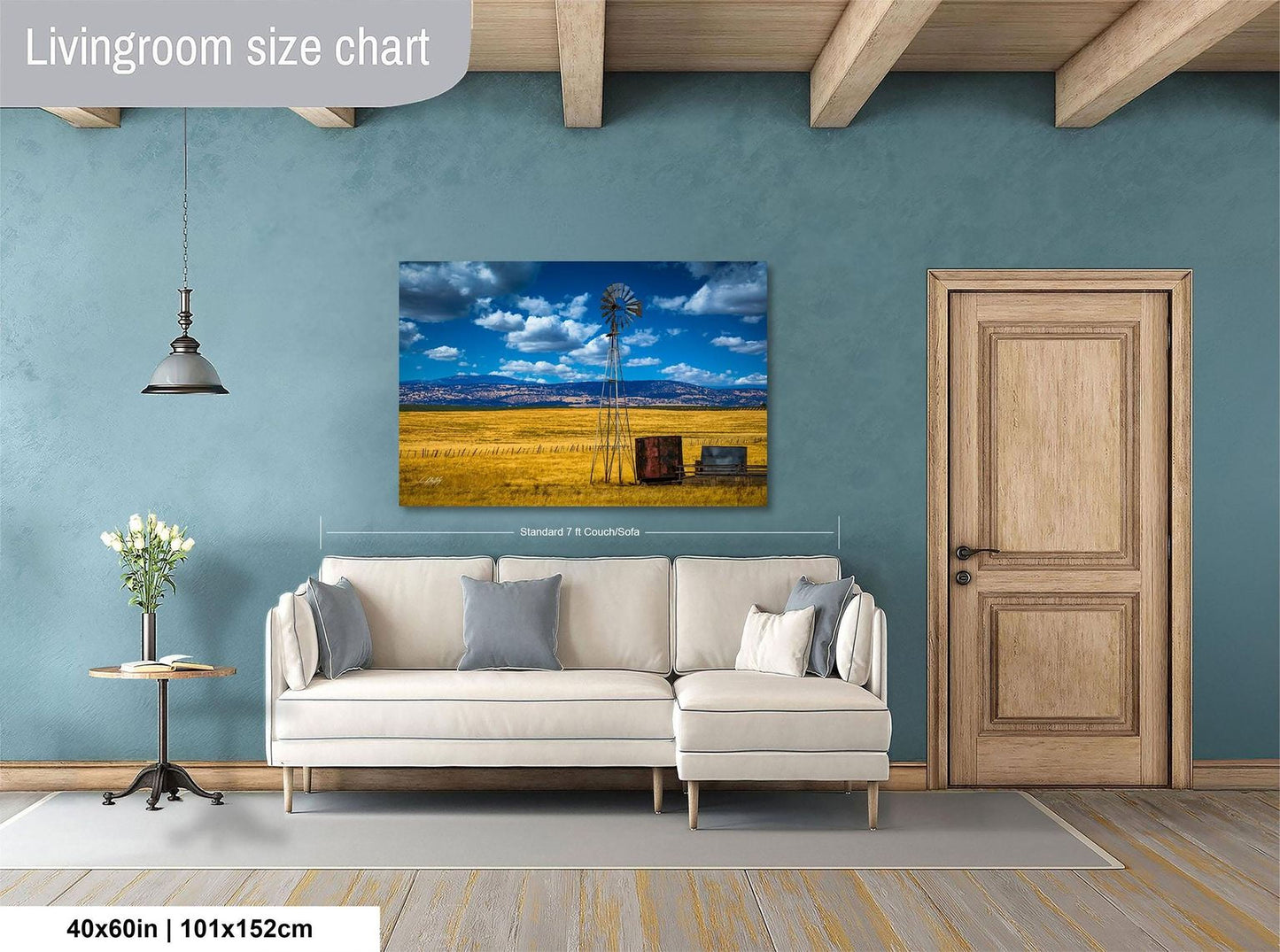a living room with a large painting of a windmill and a field in the background, hanging on the wall. The painting is approximately 40 inches wide and 115 centimeters tall.