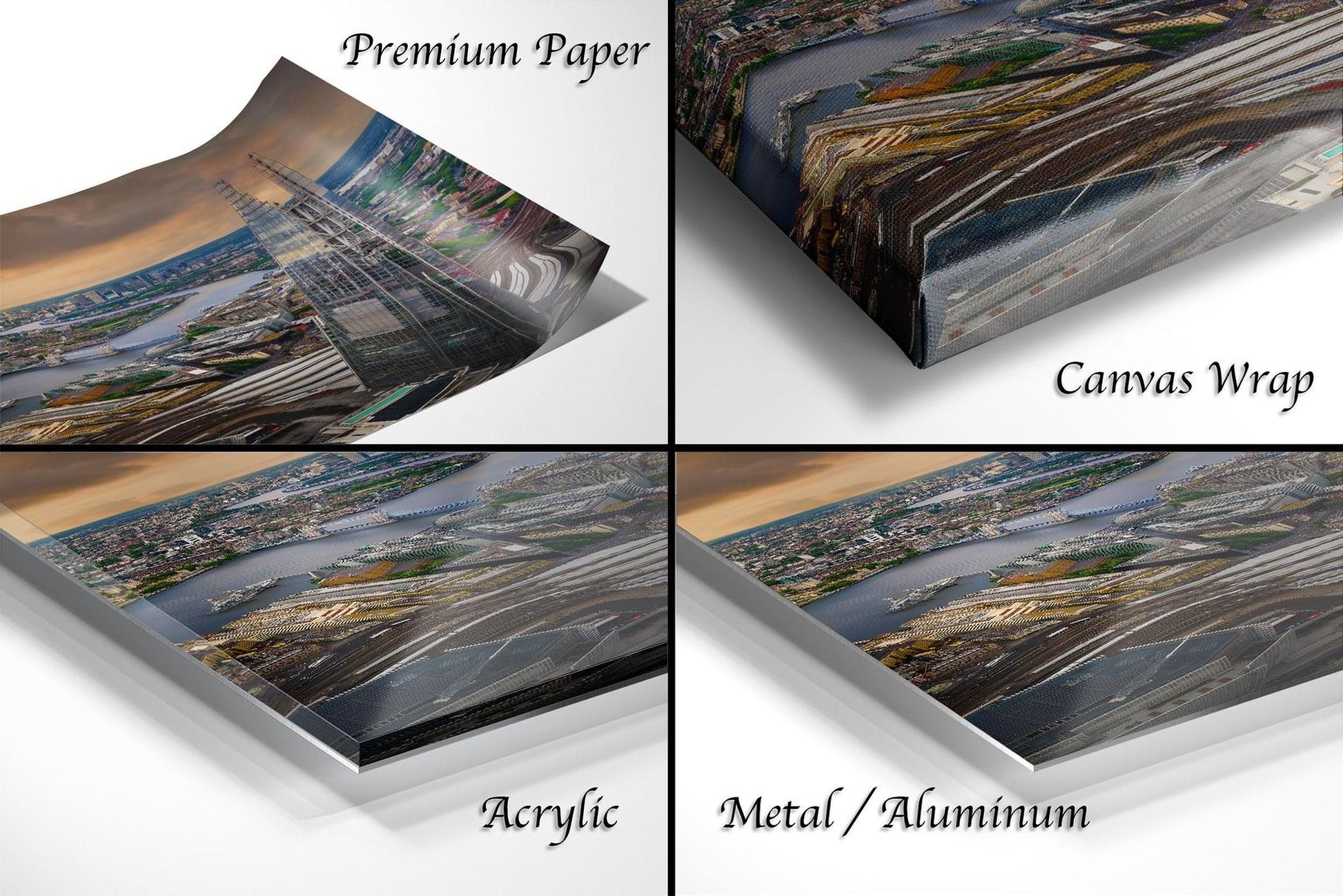 The image is a collage of four different types of printed materials, including a premium paper, a canvas wrap, an acrylic, and a metal/aluminum.
