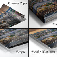The image is a collage of four different types of printed materials, including a premium paper, a canvas wrap, an acrylic, and a metal/aluminum.