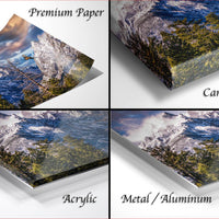 The image is a collage of four different images, each depicting a landscape with mountains and trees. The images are labeled as "Premium Paper", "Canvas Wrap", "Acrylic", and "Metal/Aluminum".