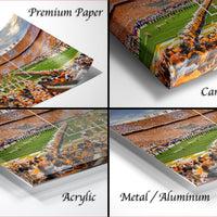 four different views of a football game, including a close-up of the field, a full stadium view, a close-up of the field, and a close-up of the crowd.