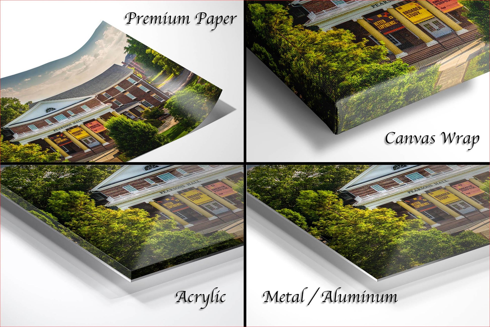The image is a collage of four photos depicting a building surrounded by trees, with each photo labeled as either "Premium Paper", "Canvas Wrap", "Acrylic", or "Metal/Aluminum".