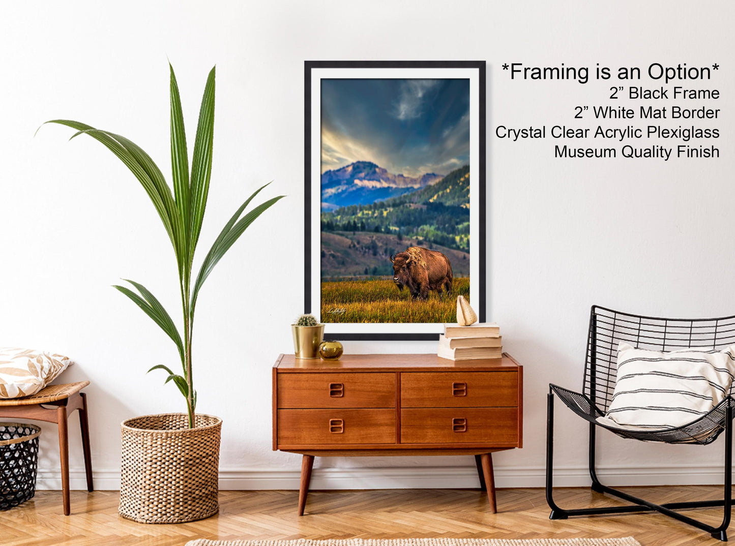 a living room with a painting of a bison on the wall