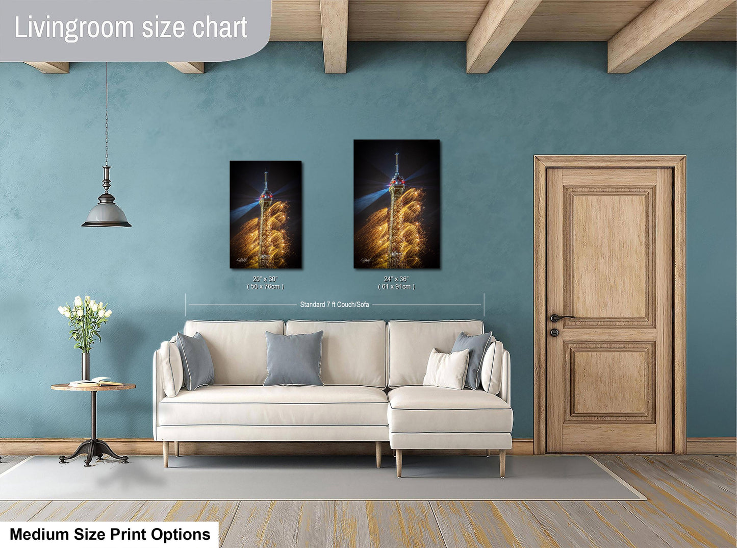 a living room with blue walls and a white couch
