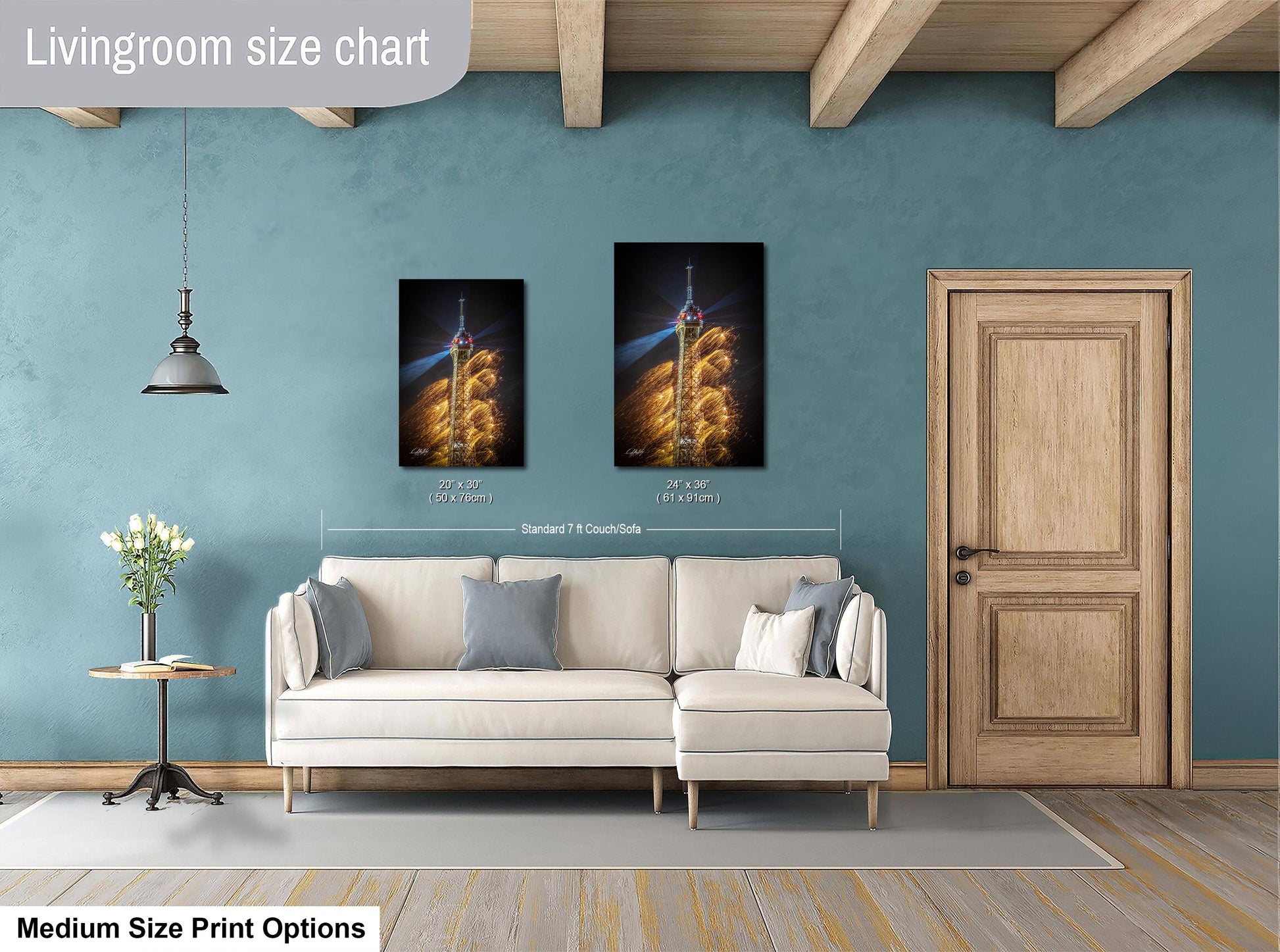 a living room with blue walls and a white couch