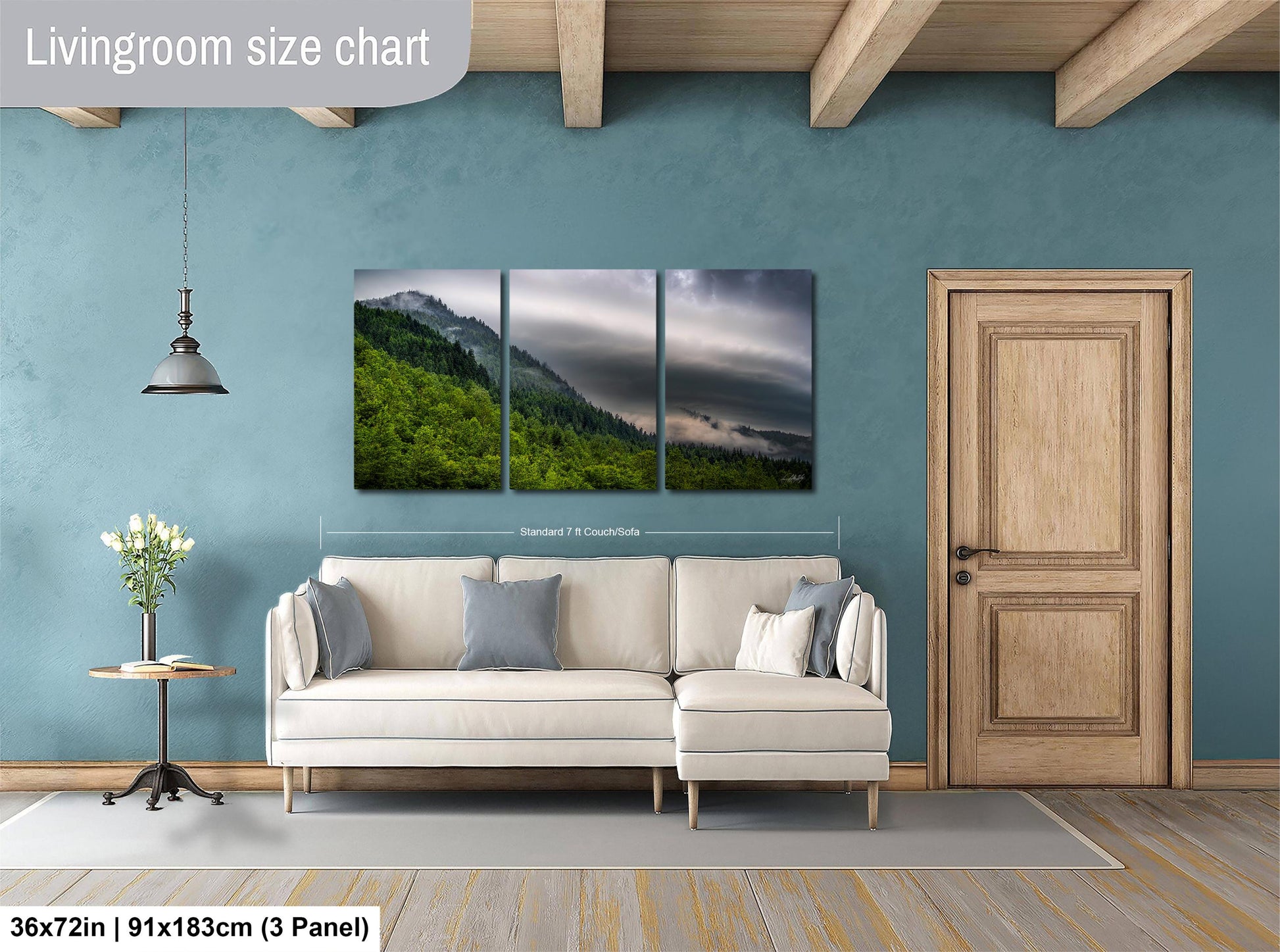 a living room with blue walls and a white couch
