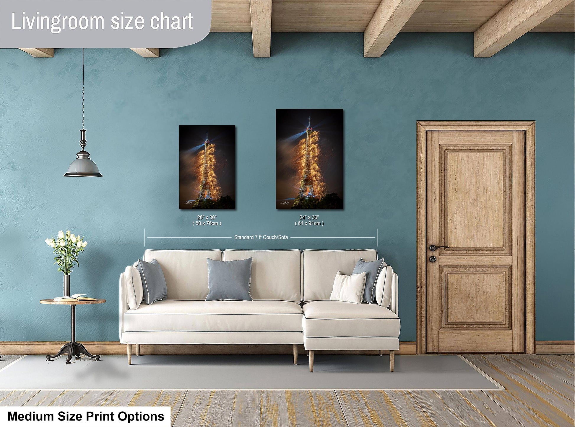 a living room with blue walls and a white couch