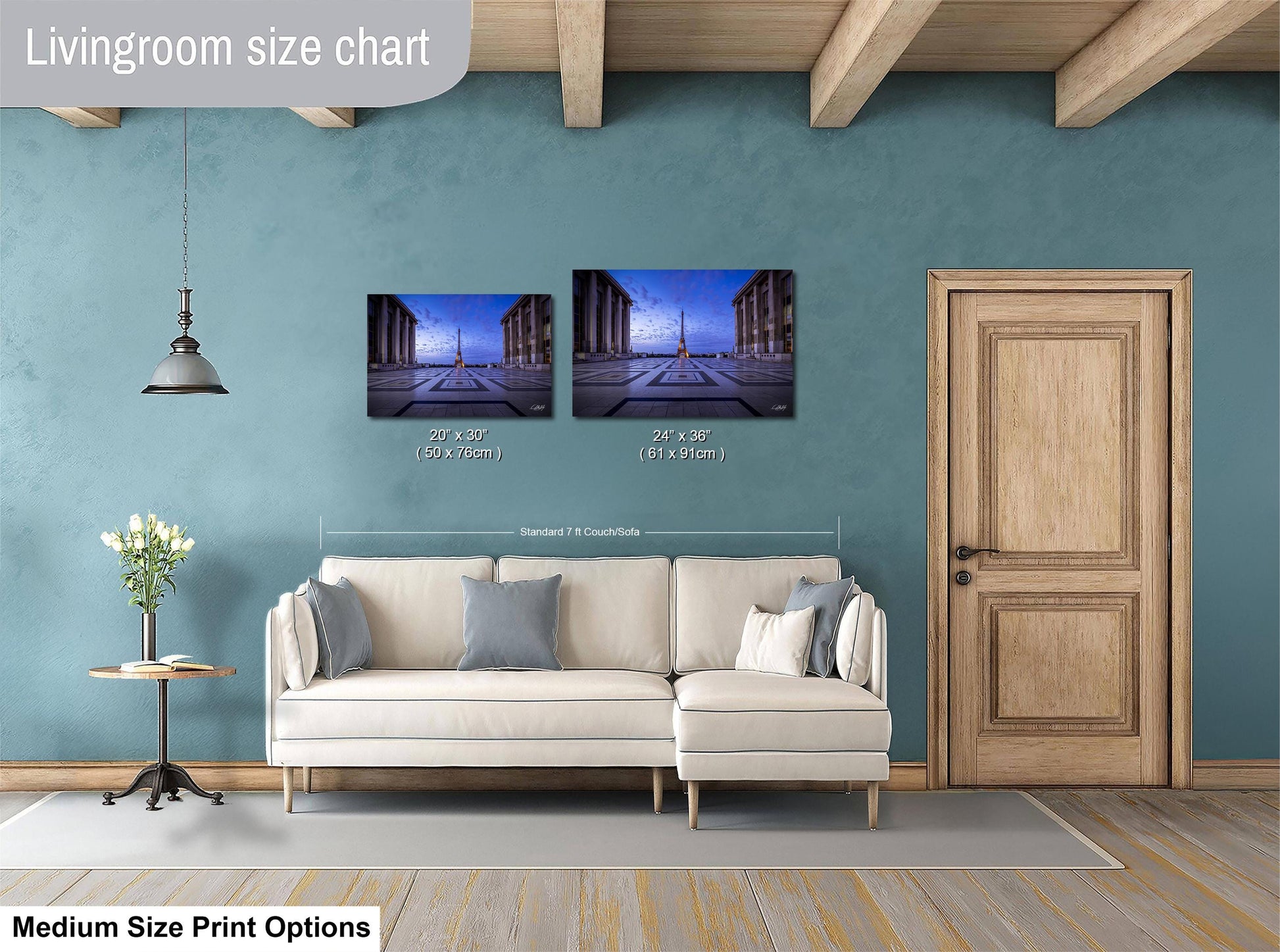 a living room with blue walls and a white couch