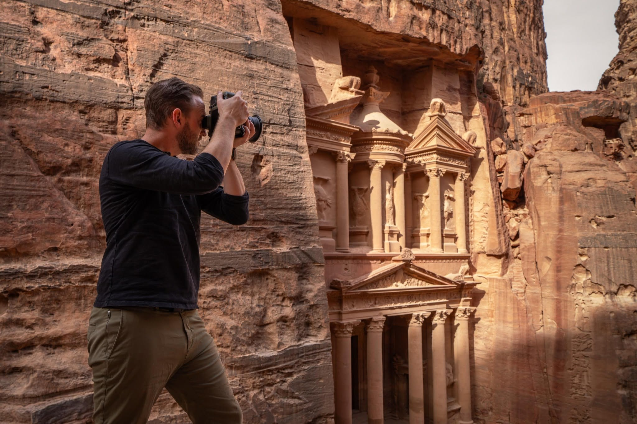 Photographer Clifton Haley photographing the Treasury at Petra, Jordan